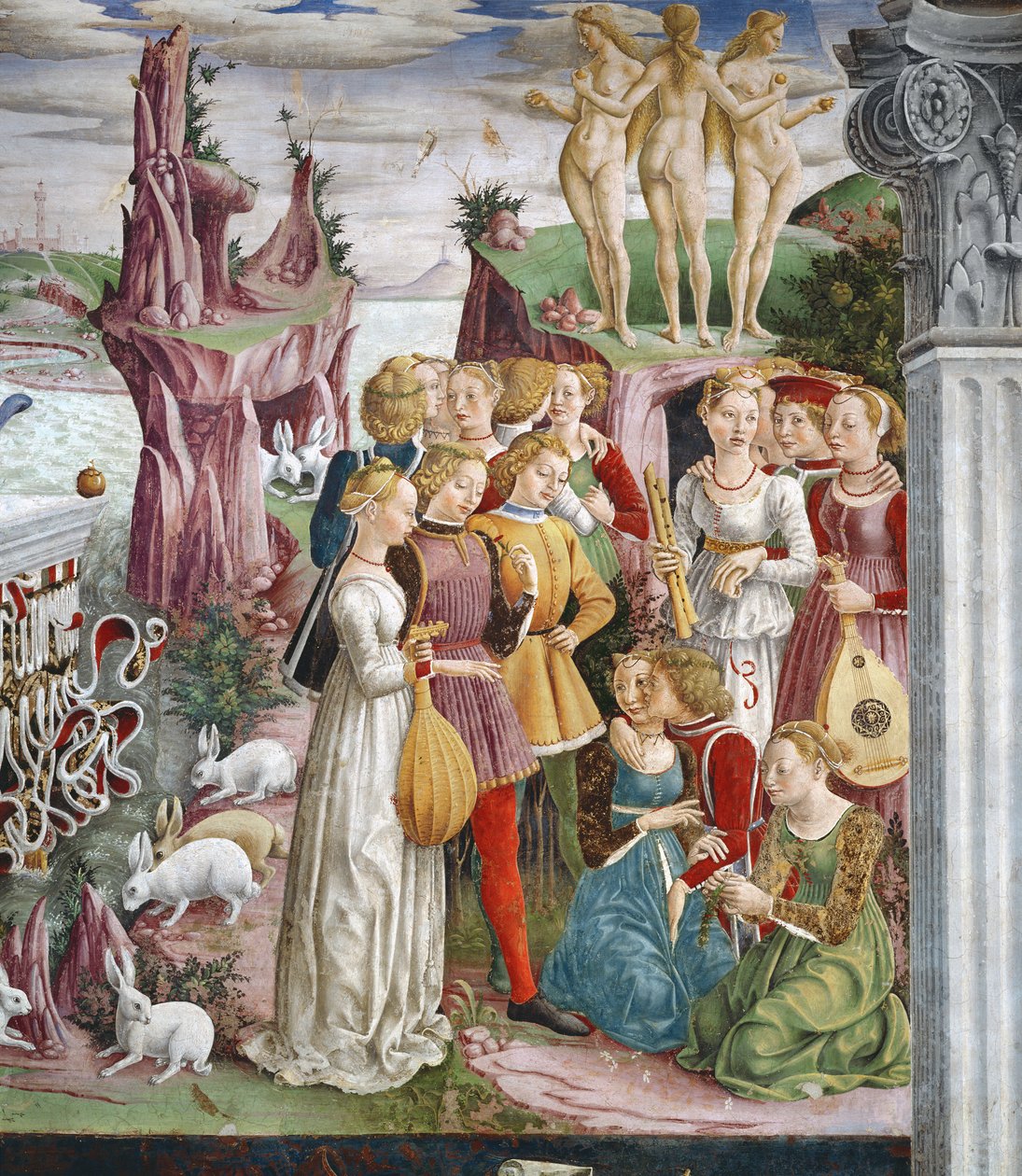 The Triumph of Venus: April from the Room of the Months, detalje af en gruppe musikere, ca. 1467-70 af Francesco del Cossa
