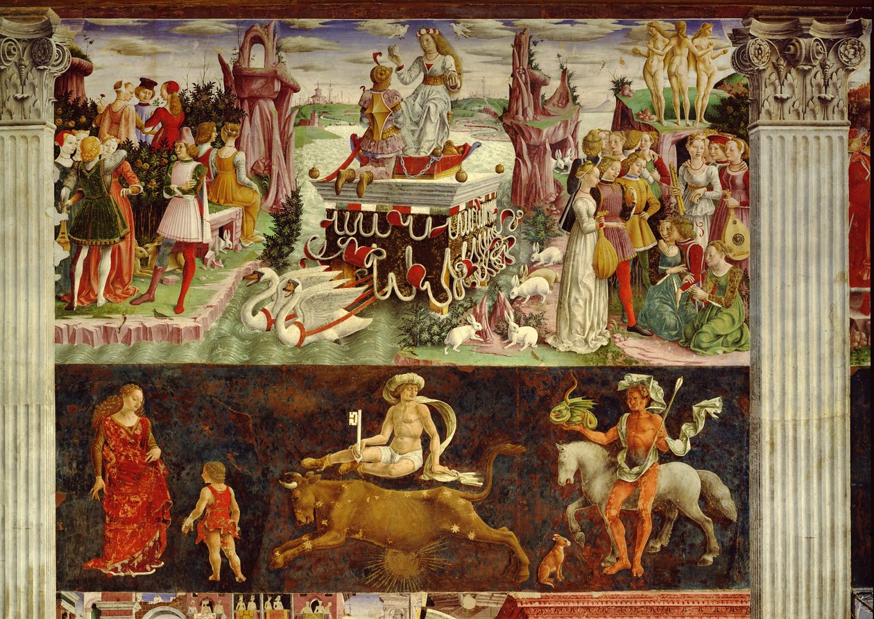 Venus triumf og Tyrens tegn, scener fra april måned, ca. 1470, af Francesco del Cossa (ca. 1435-1477), fresko, østvæg, Månedens Hall, Palazzo Schifanoia (Glædens Palads), Ferrara, Emi af Francesco del Cossa