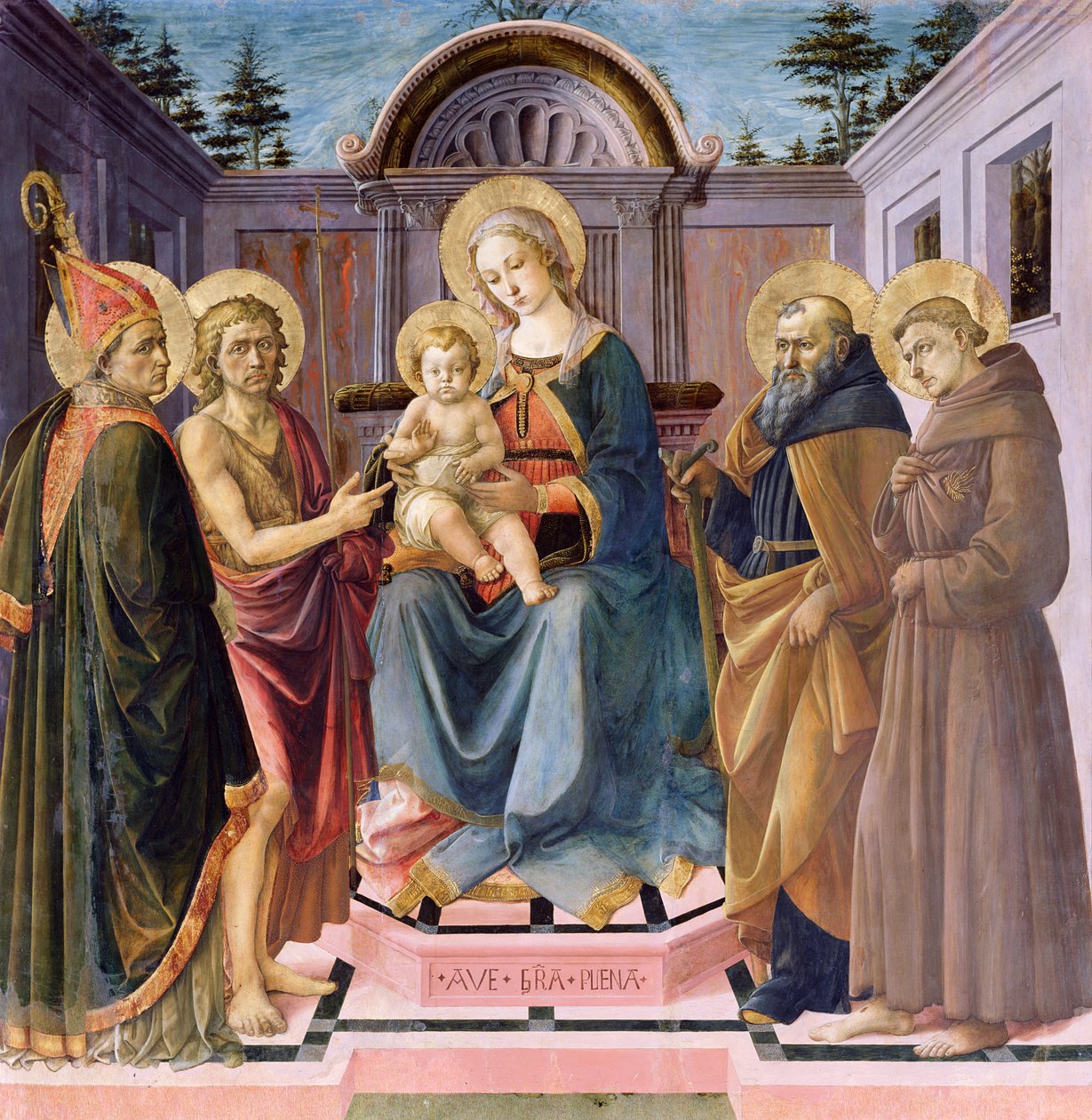 Madonna og barn troner med (LtoR) SS. Zenobius, Johannes Døberen, Anthony Abbed og Frans af Francesco di Stefano Pesellino