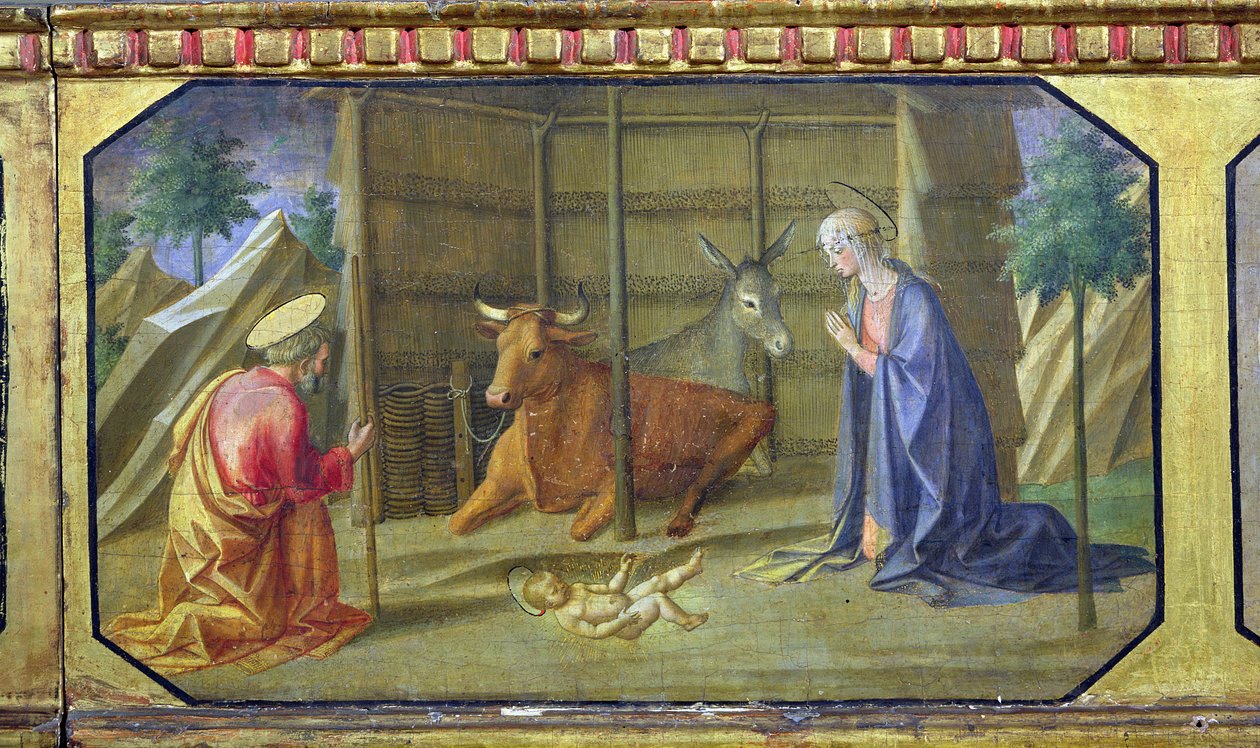 The Nativity, detalje af predella-panelet fra Madonna and Child Enthroned af Filippo Lippi (ca. 1406-69) (tempera på panel) (se også 85689, 85691 og 85693) af Francesco di Stefano Pesellino