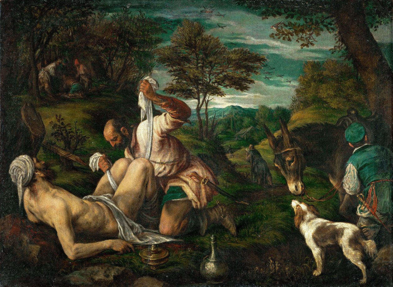 Le bon samaritain - Lignelsen om den barmhjertige samaritaner, af Bassano, Francesco, den yngre (1549-1592). Olie på lærred, ca. 1575. Mål : 73x98,4 cm. Kunsthistorisk museum, Vienne af Francesco Bassano