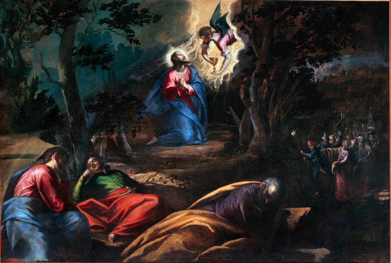 Bønnen i oliventræernes have Til højre ankommer Judas sammen med soldaterne for at stoppe Jesus Kristus. Maleri af Francesco Bassano den unge (ca. 1549-1592) Venedig, Chiesa del Redentore, Italien af Francesco Bassano