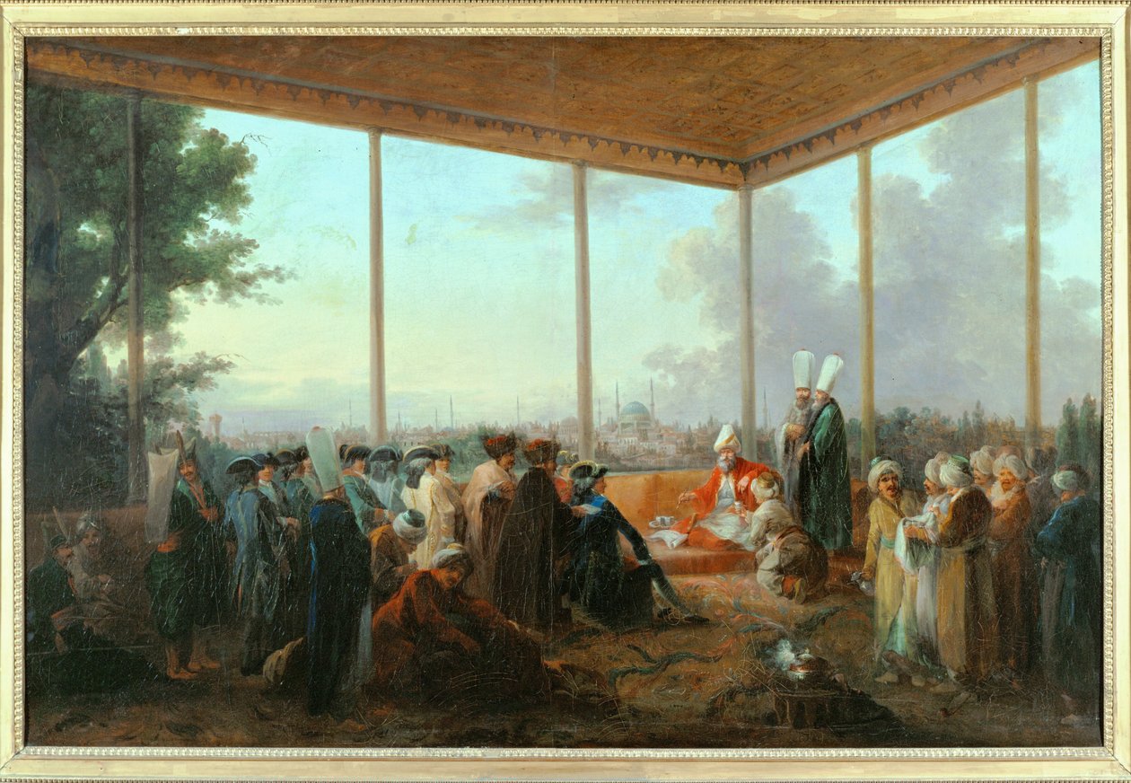 Audience givet til greven af Saint-Priest af storvesiren Aimali Carac, 18. marts ... (maleri på lærred) af Francesco (after) Casanova