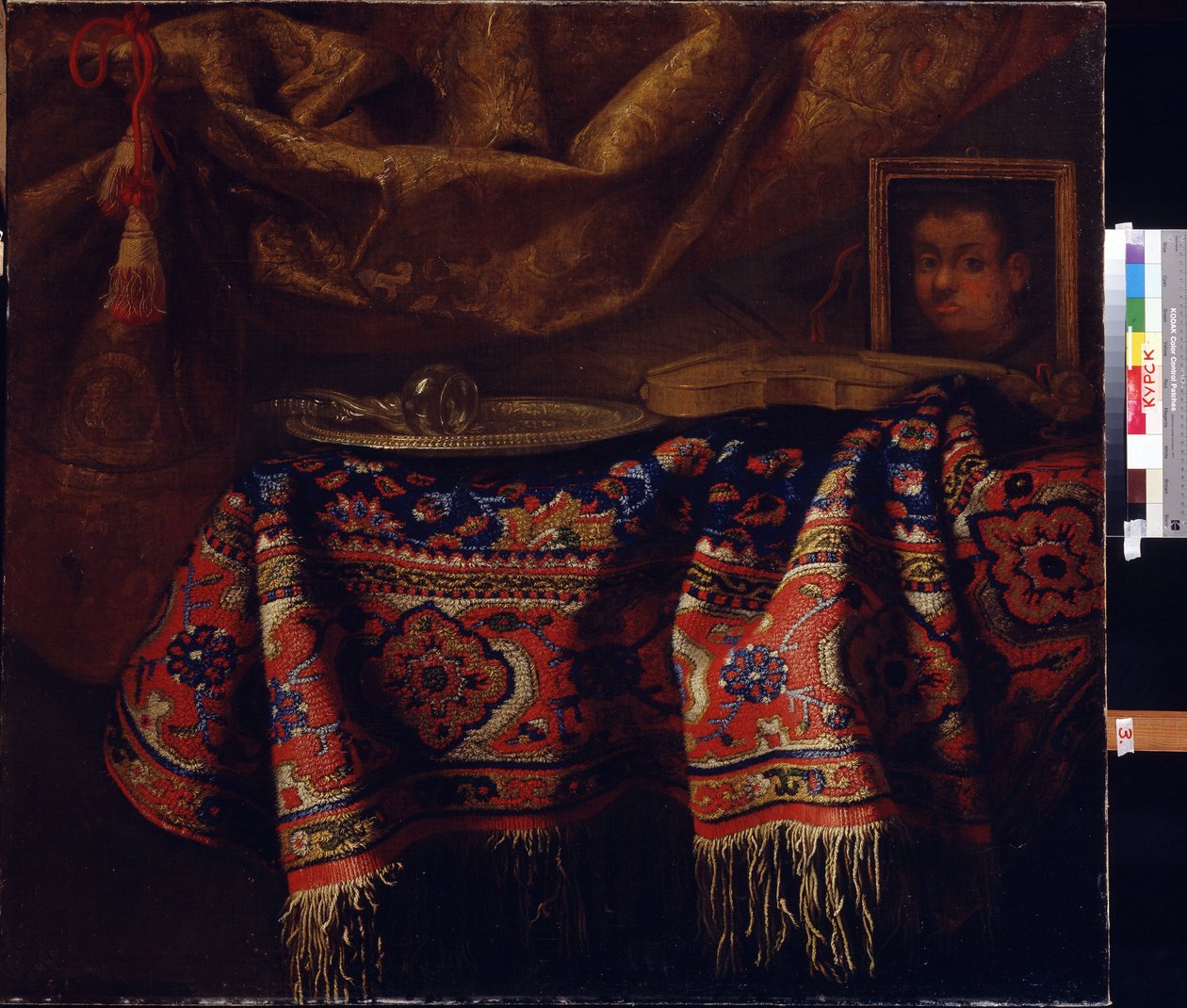 Stilleben med selvportræt. (Stilleben med selvportræt). Maleri af Francesco Fieravino (mellem 1610 og 1660). Italiensk kunst, barokstil. Regionalt A. Deineka kunstgalleri, Kursk, Rusland af Francesco (b.1640) Fieravino