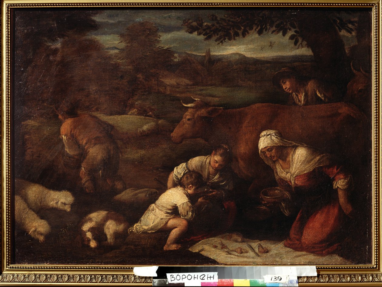 ""Le soir"" (aften) Familie af hyrder, kvinder og børn spiser frokost på græsset. Maleri af følget af Jacopo Bassano (da Ponte) (1510-1592) 1500-tallets Ivan Kramskoy (eller Kramskoi) Fine Arts Museum i Voronezh (Voronezh), Rusland. af Francesco (circle of) Bassano
