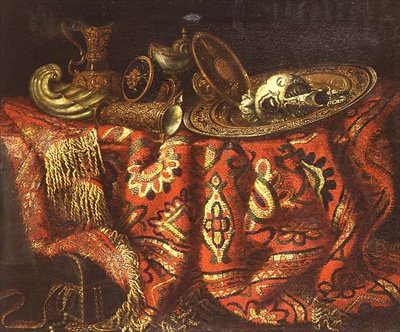 En nautilus kop, en paten, æske og et forgyldt fad på et tæppe draperet over en afsats af Francesco (circle of) Fieravino