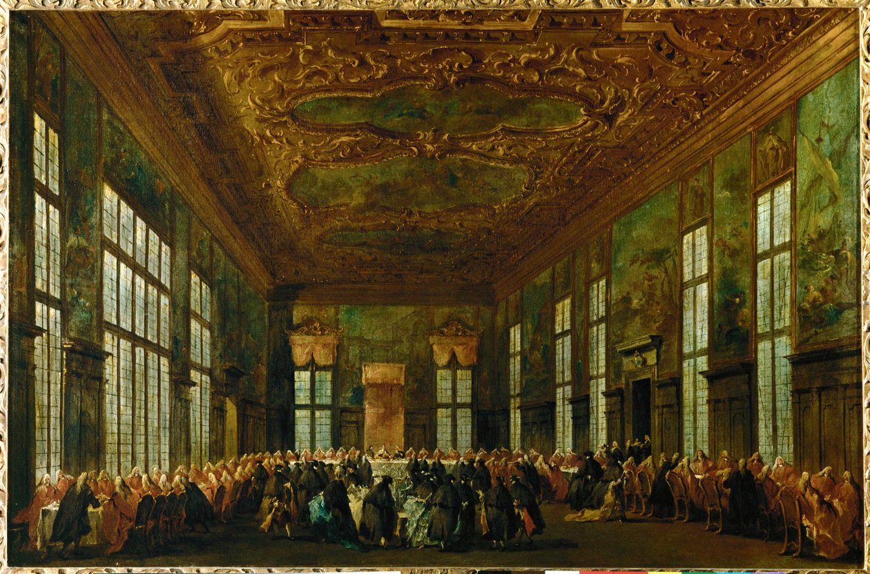 Ceremonielt måltid i Dogepaladset i den store rådssal, Doge siddende i midten af baggrunden ... af Francesco (circle of) Guardi