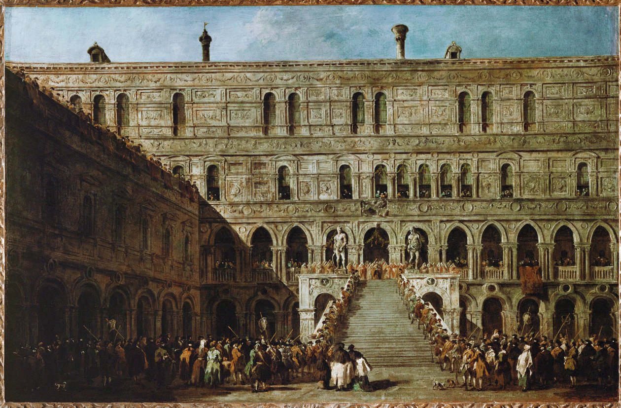 Kroning af dogen af Venedig på trappen til giganterne i det hertugelige palads ... af Francesco (circle of) Guardi