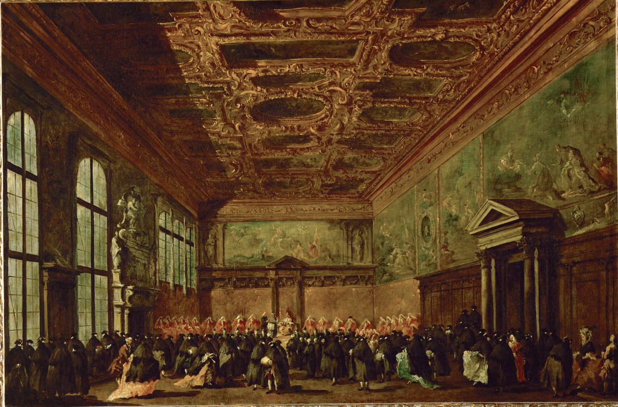 La salle du college au palais des Doges a Venise - Rådssalen i Dogernes palads, Venedig ... af Francesco (circle of) Guardi