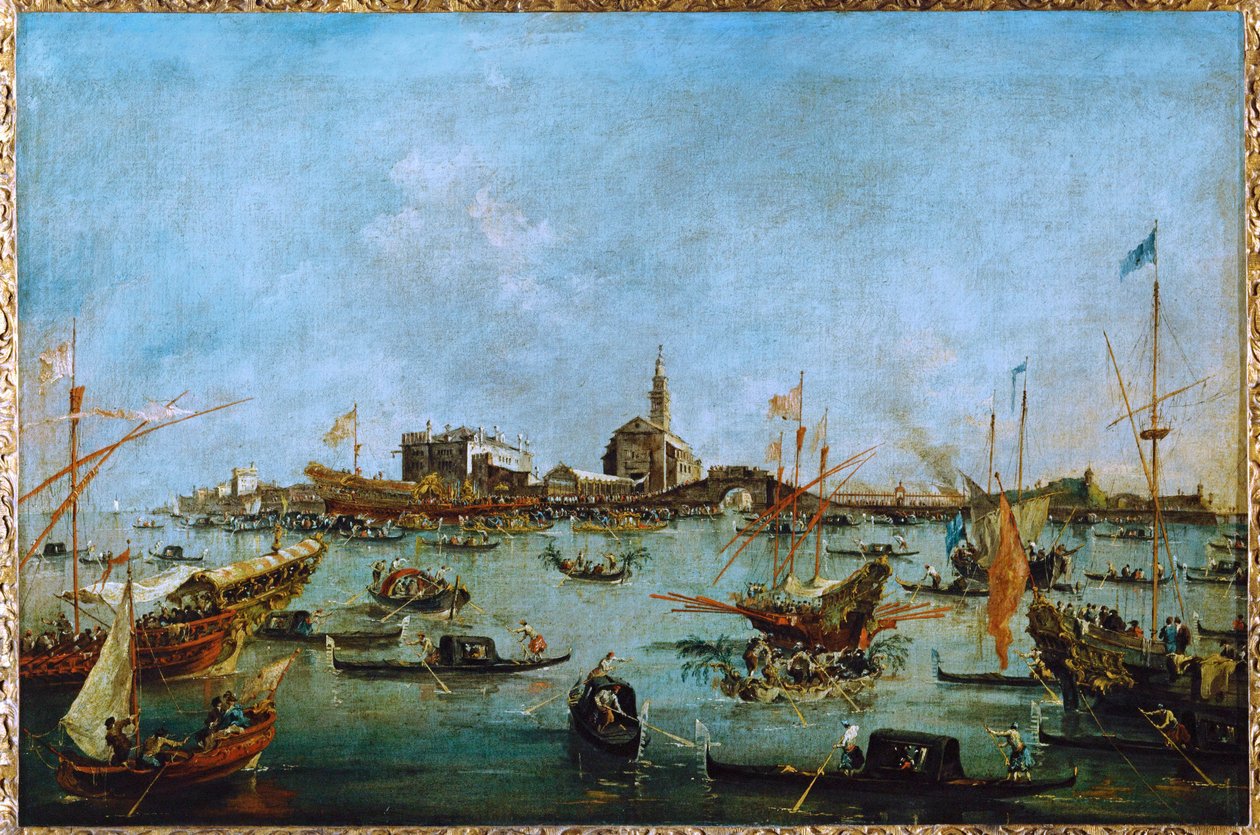 Dogen i sin gyldne gondol, Bucintoro, passerer San Niccolo del Lido ... af Francesco (circle of) Guardi