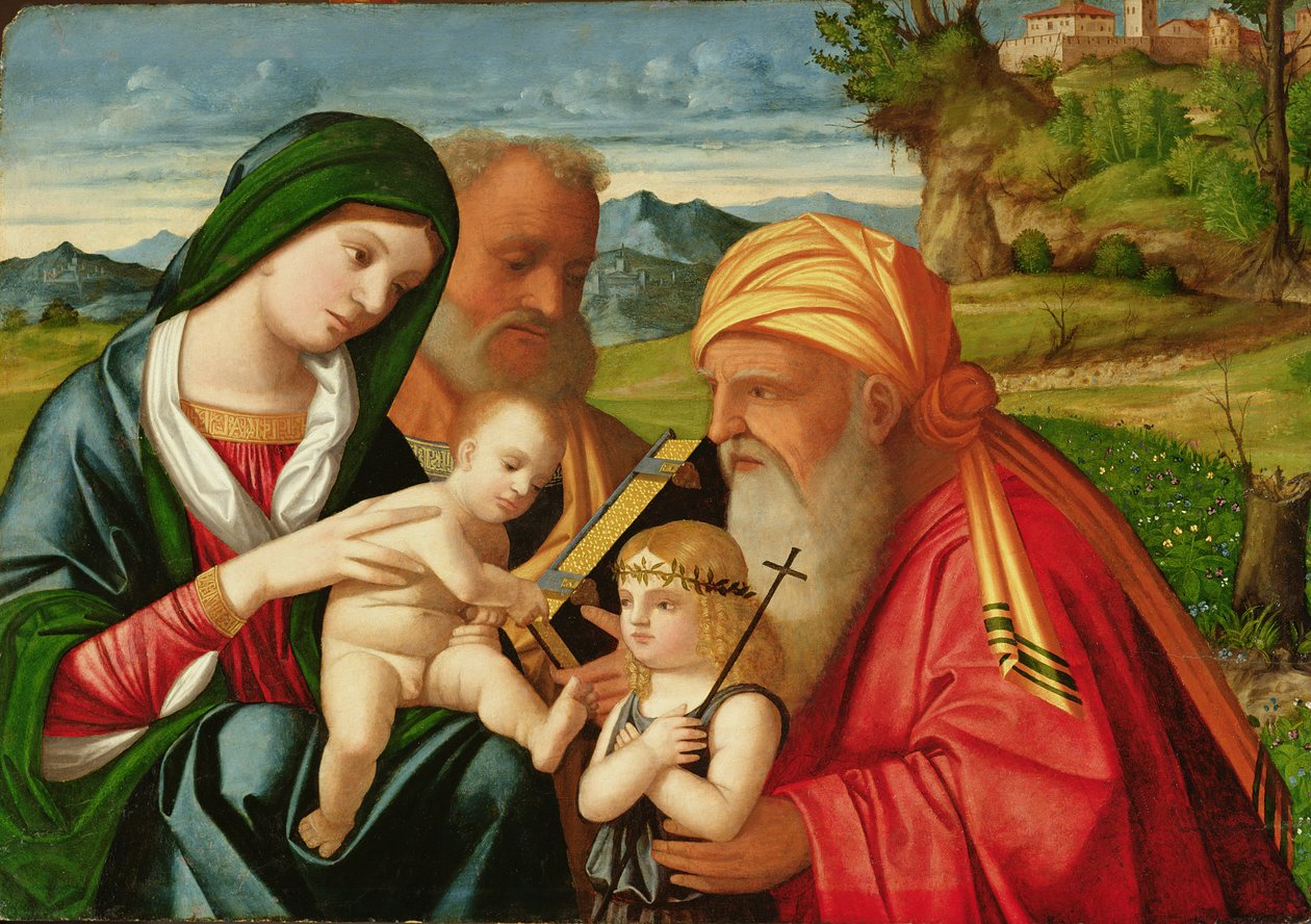 Den hellige familie med Simeon og Johannes Døberen, begyndelsen af det 16. århundrede (olie på panel) af Francesco (fl.1508 45) Rizzi da Santacroce