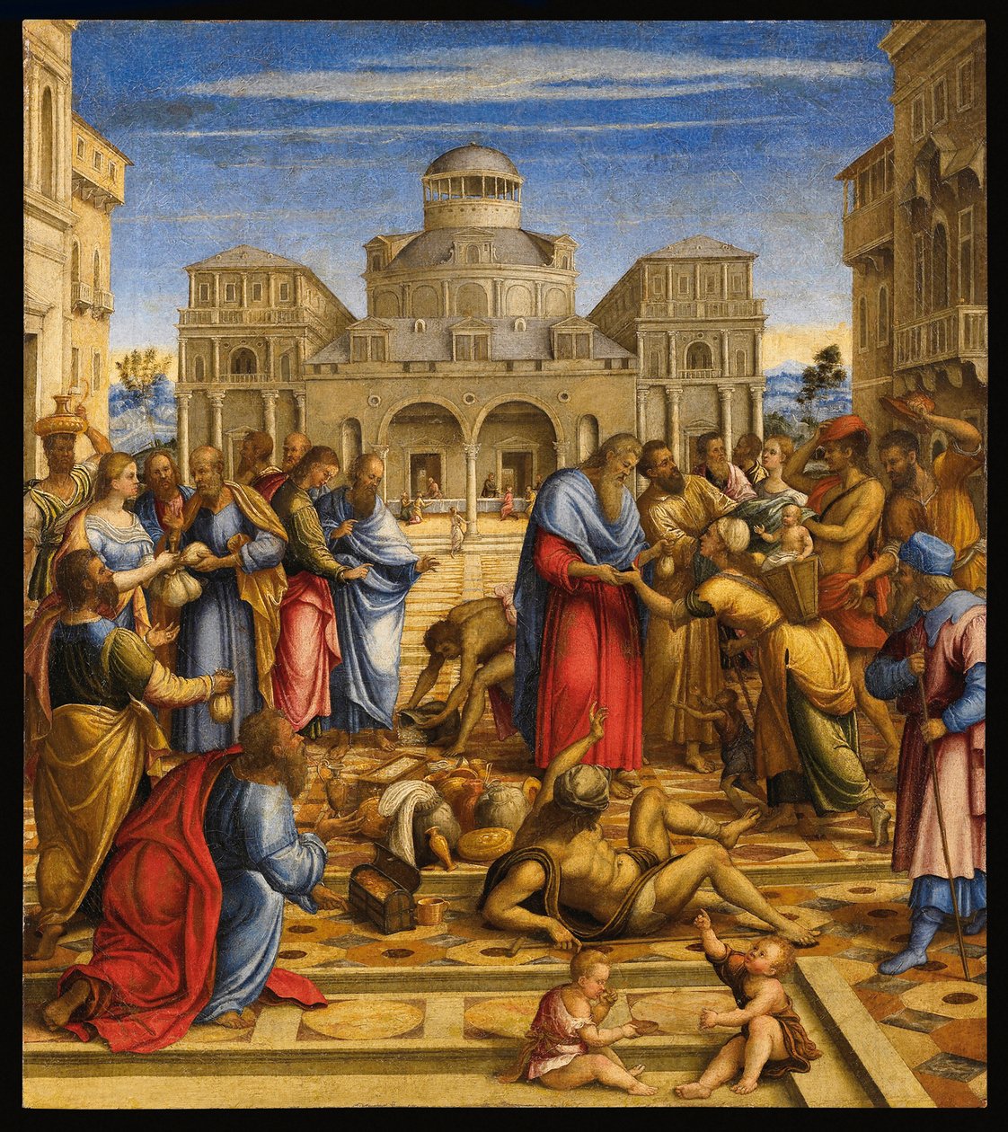 Sankt Johannes kapellan (Johannes V af Alexandria eller Johannes af Cypern) (556-619), ortodoks patriark af Alexandria, der uddeler penge til de fattige i byens gader - Johannes den Barmhjertige i Alexandria - Maleri af Francesco di Bernardo de Vecchi Sant af Francesco (fl.1508 45) Rizzi da Santacroce