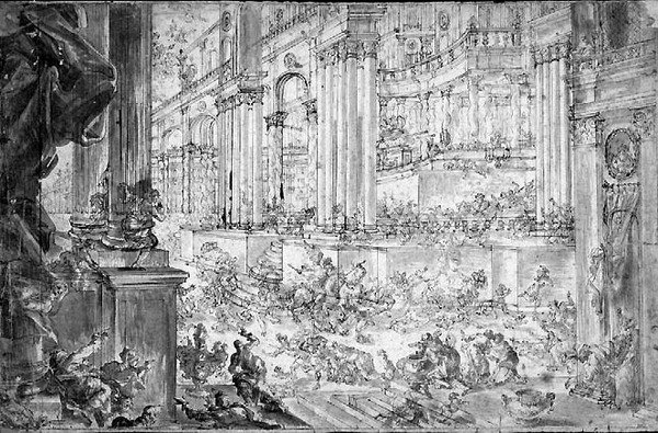 Uddrivelsen af Heliodorus fra templet (pen og blæk) af Francesco (fl.1709 43) Peresi