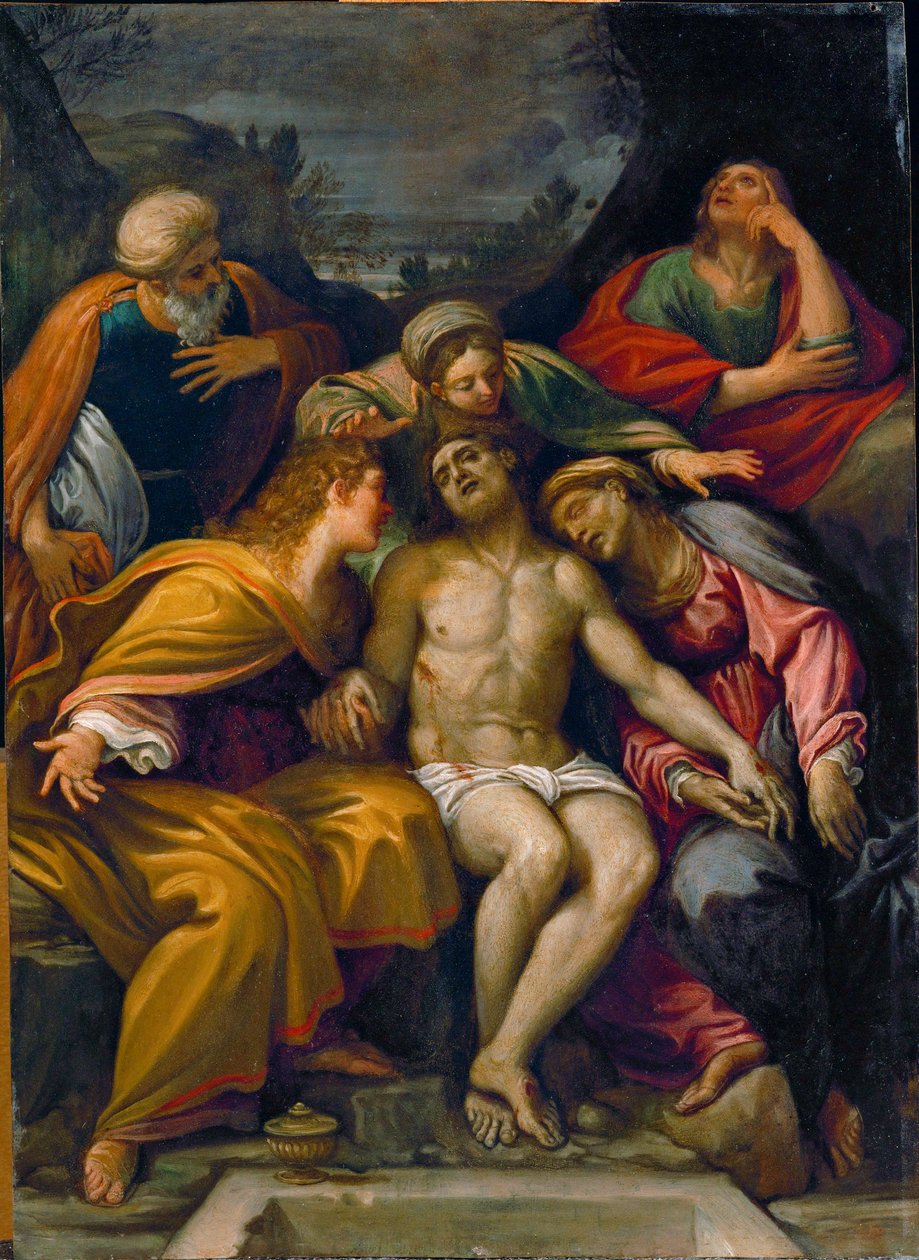 Afsløring med apostlen Johannes, den hellige Magdalena, Marie-Salome, Josef af Arimatæa og den hellige Maria ... af Francesco Albani