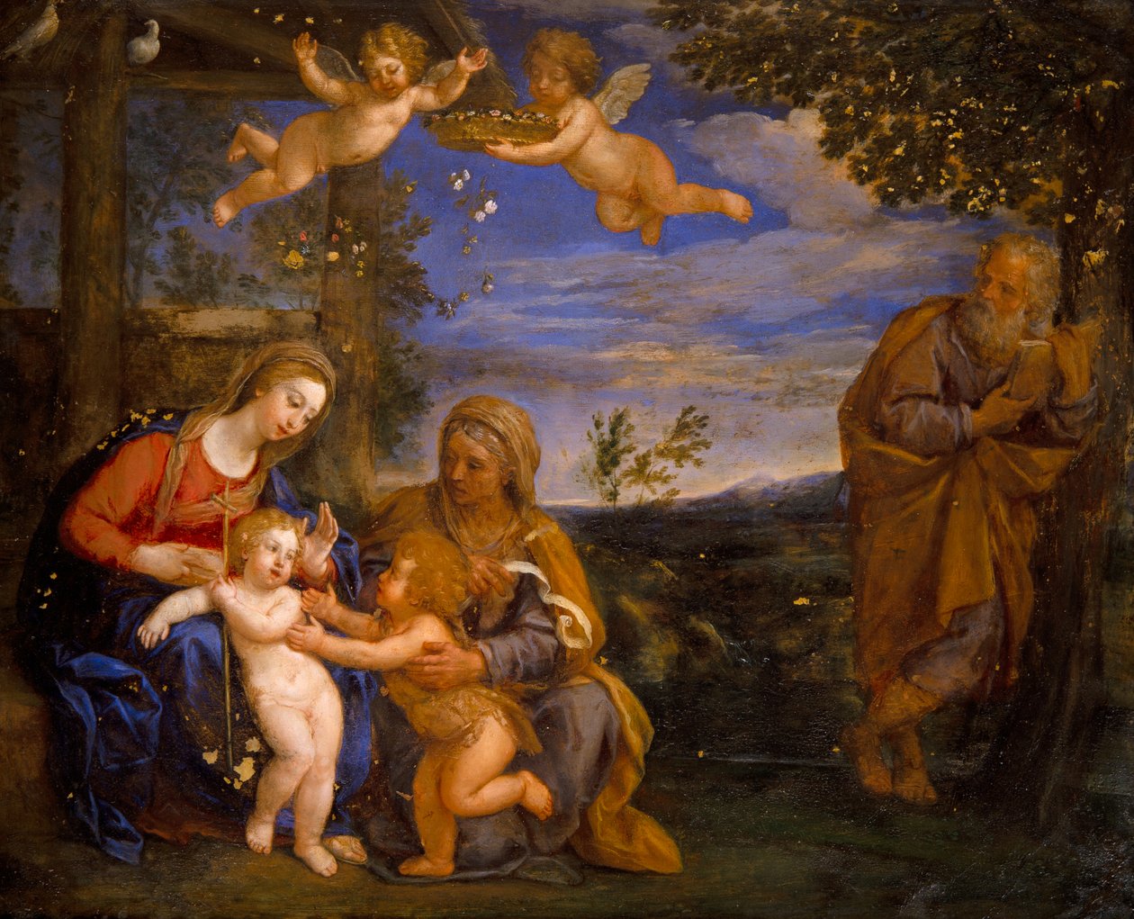 Den hellige familie med Sankt Elisabeth og Sankt Johannes (olie på kobber) af Francesco Albani