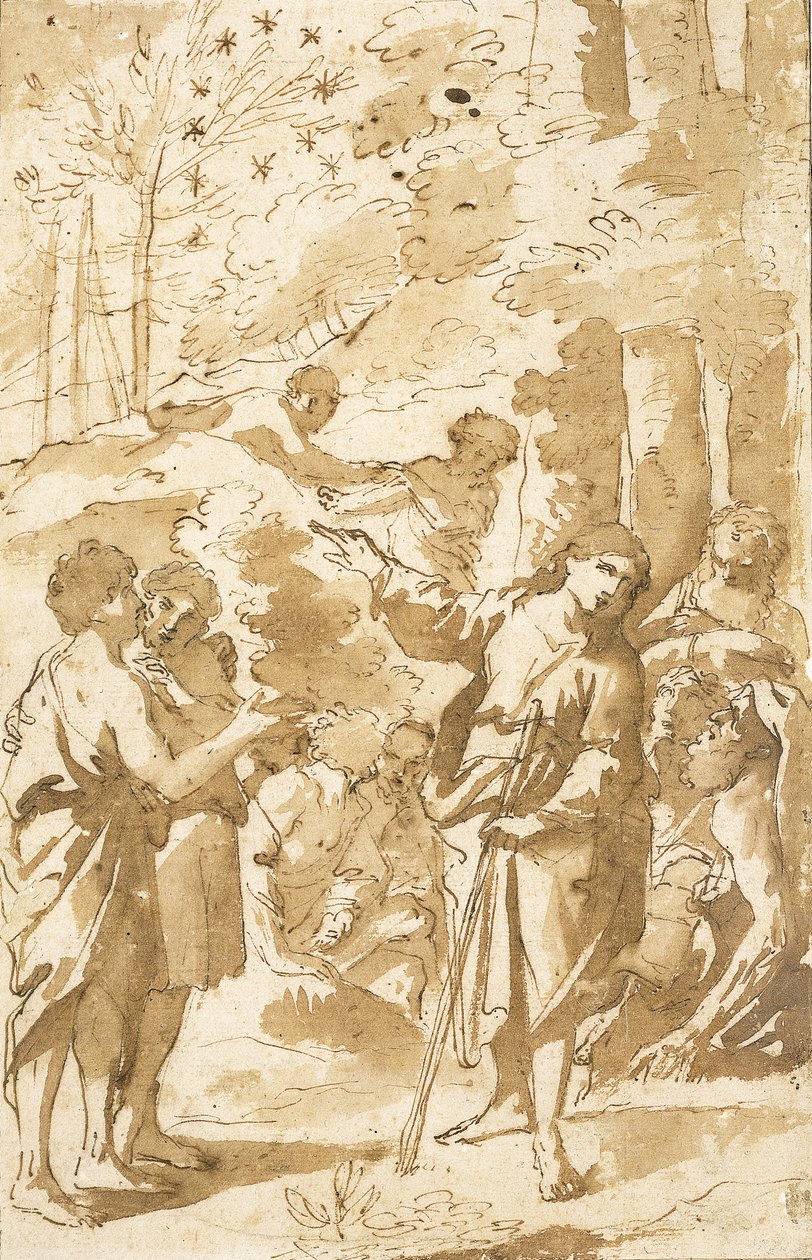 Joseph fortæller sin drøm til sin far og sine brødre og peger på elleve stjerner på himlen af Francesco Albani
