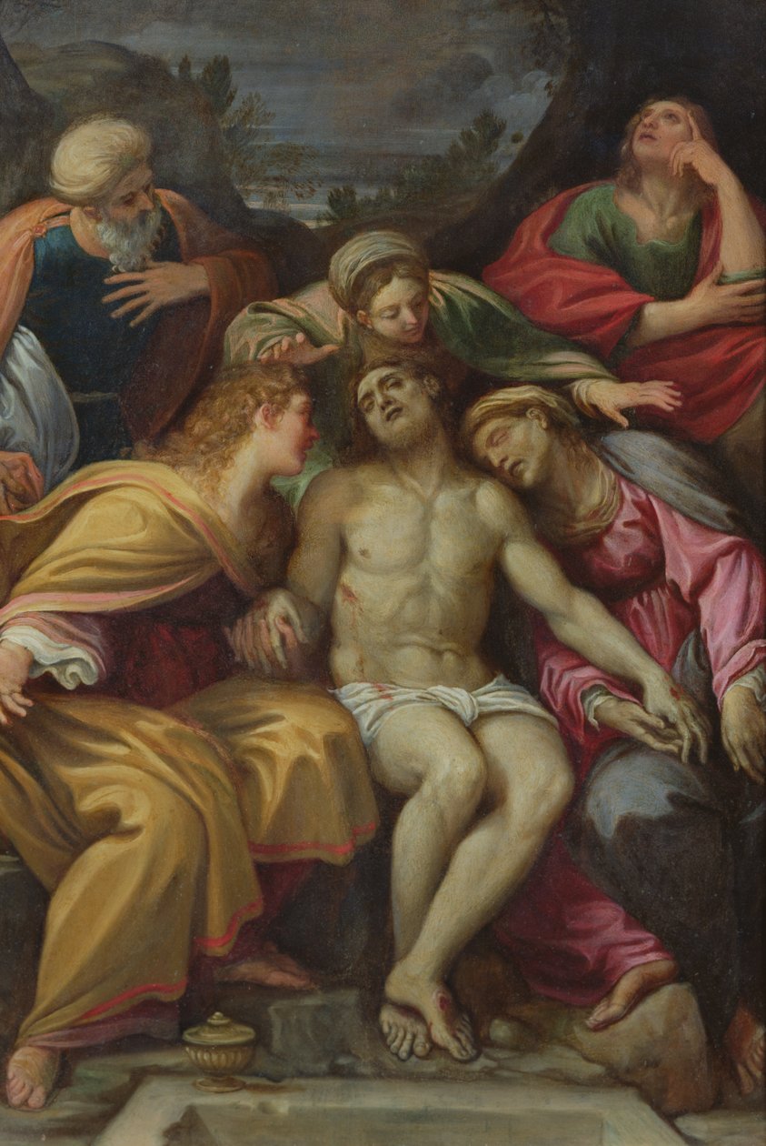 Klagesang over Kristus med Johannes, Maria Magdalene, Maria Salomé, Josef af Arimatæa og Jomfru Maria af Francesco Albani