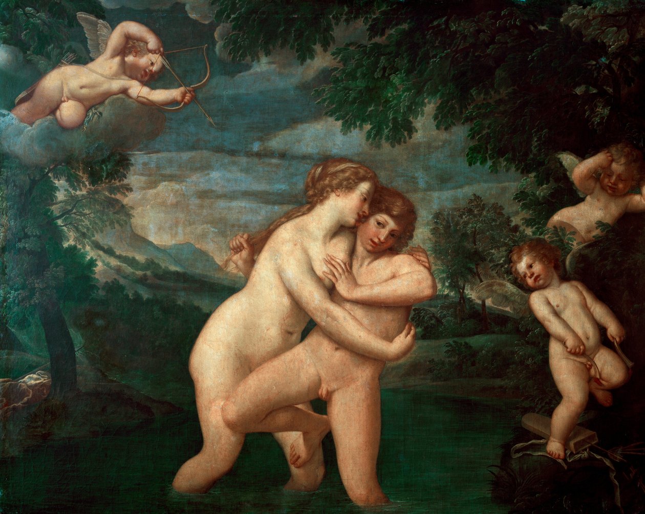 Salmacis i badet frastødt af Hermaphrodite Nymfen Salmacis, eprise af søn af Hermes og Aphrodite, ser sine fremskridt frastødt - Maleri af Francesco Albani dit l