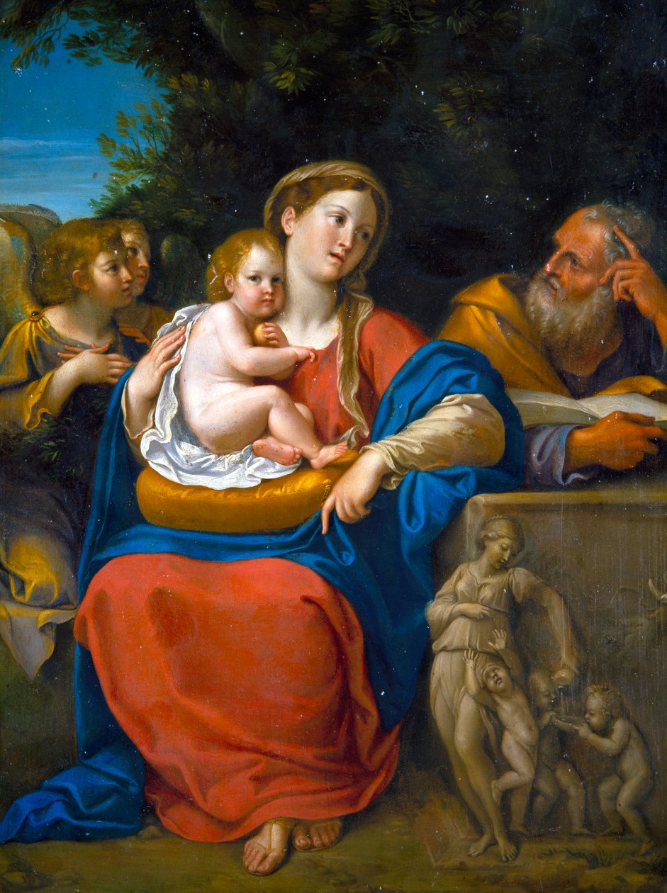 Den hellige familie (olie på metal) af Francesco Albani