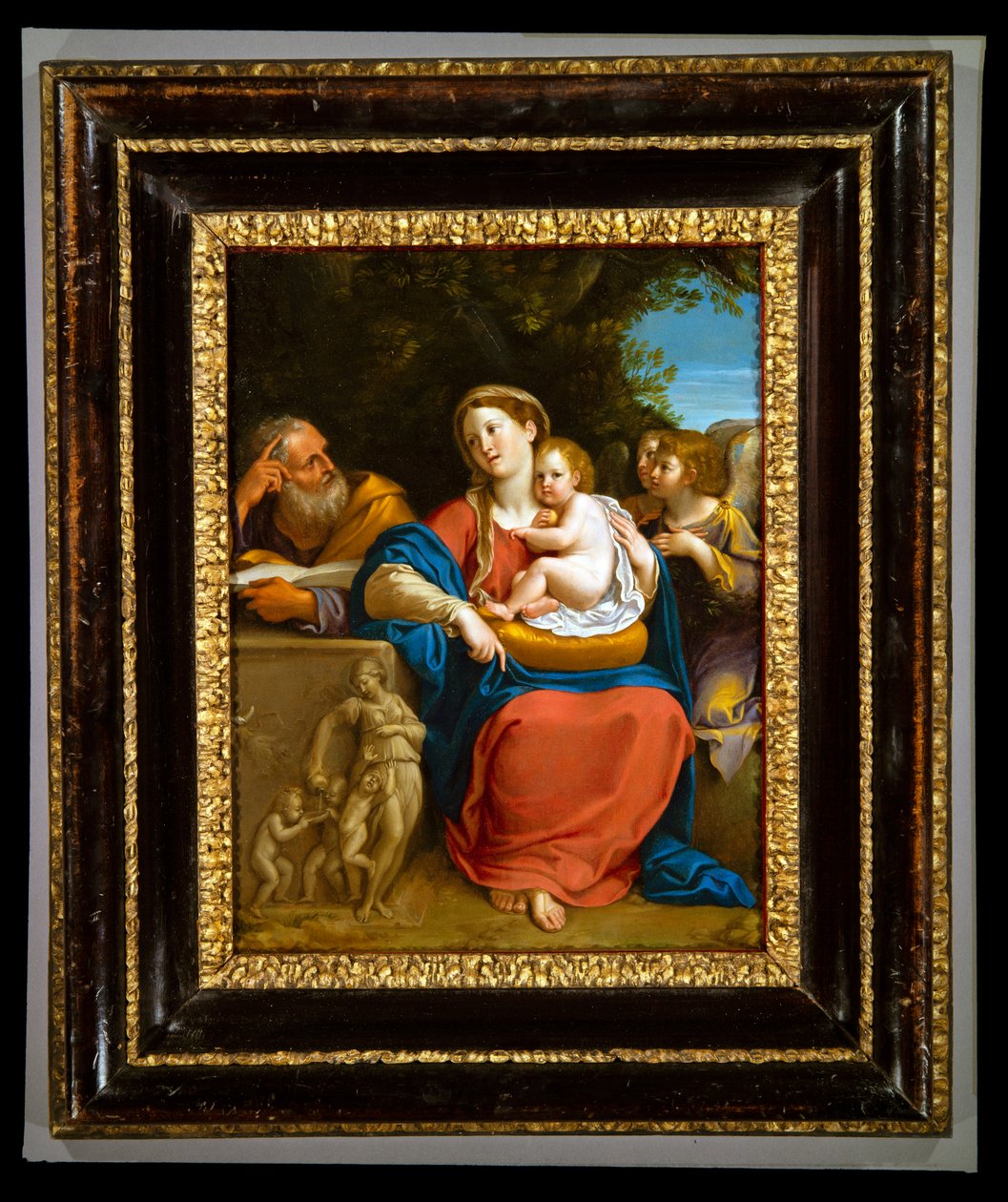 Den hellige familie (olie på metal) af Francesco Albani