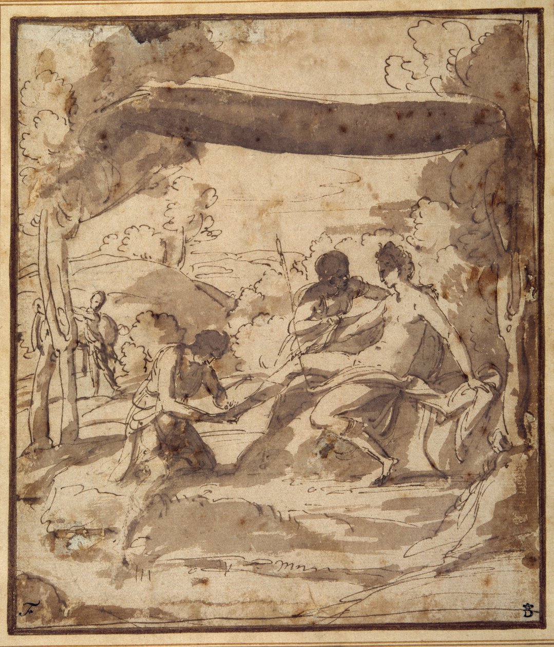 Venus, tilbagelænet under en rustik baldakin, med Adonis, der spænder sin sandal (pen og blæk med vask på papir) af Francesco Albani