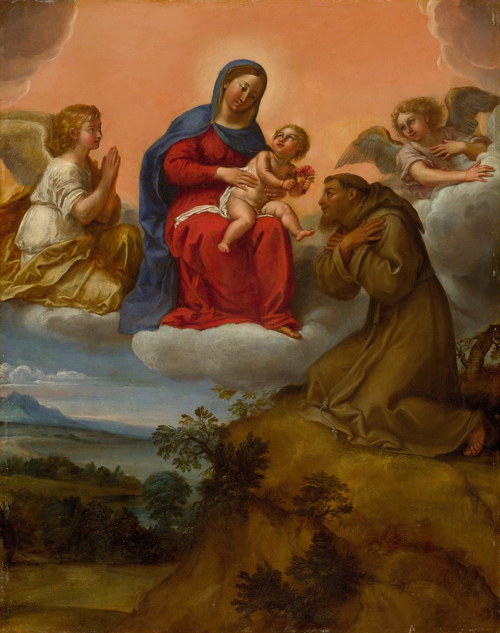 Jomfru og barn tilbedt af Saint Francis, ca. 160607. af Francesco Albani