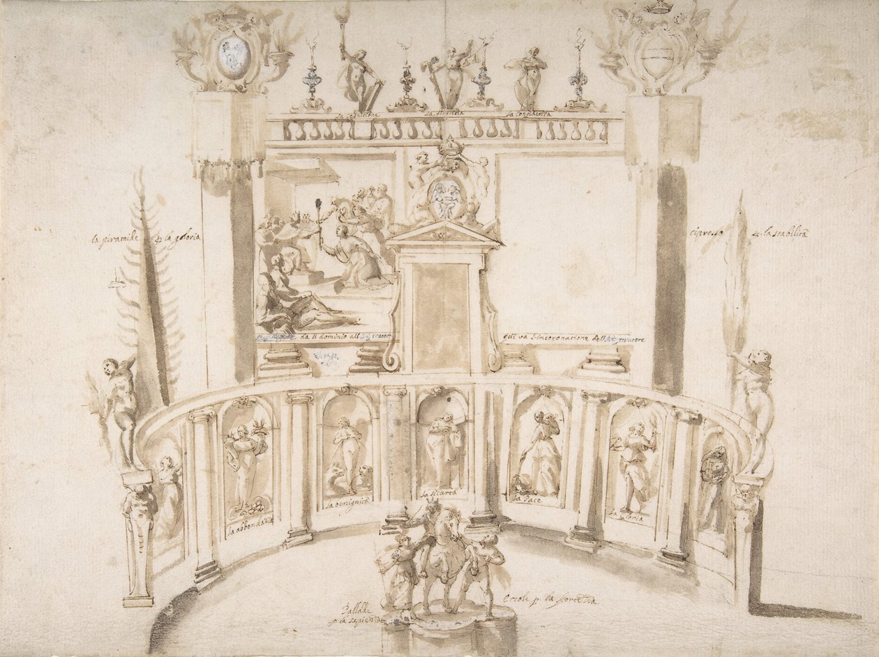 Design til en havefest med en halvcirkelformet væg og statuer i nicher., ca. 1635-79. af Francesco Allegrini