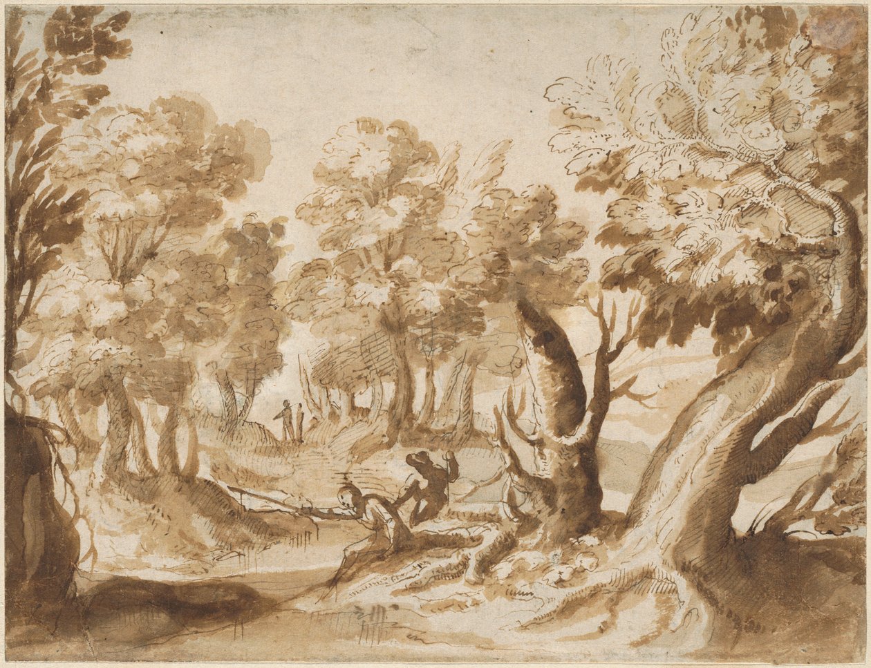 To figurer, der fisker i et landskab af Francesco Allegrini