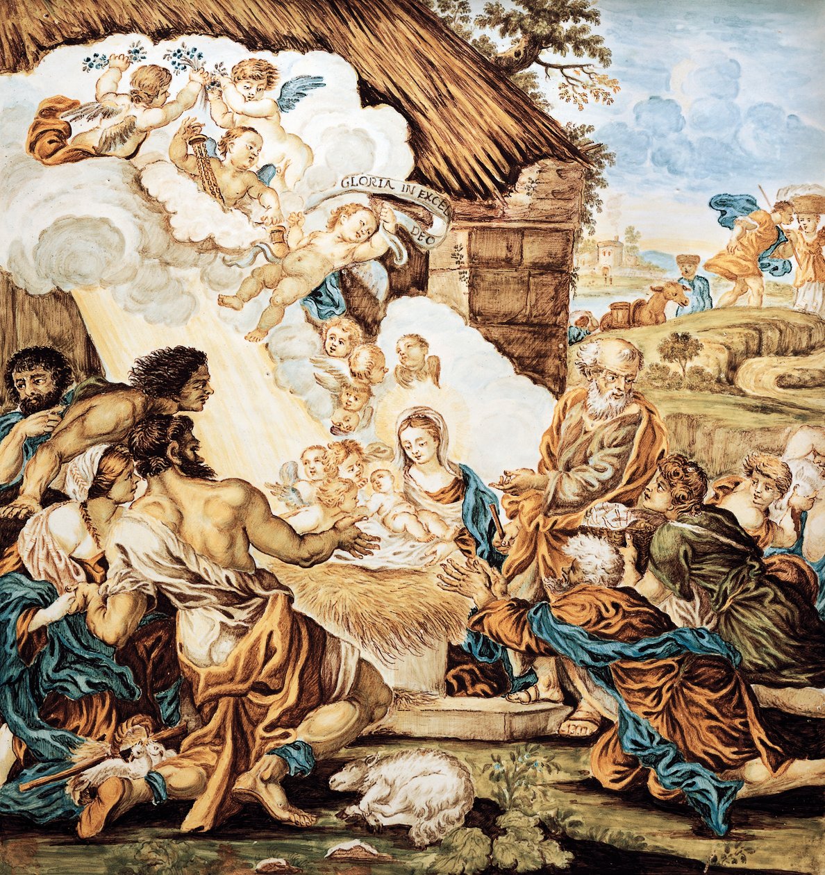 Tremmeseng, malet majolica tallerken, af Francesco Antonio Xaverio Grue (1686-1746), Abruzzo Castelli fremstilling, Italien af Francesco Antonio Xaverio Grue