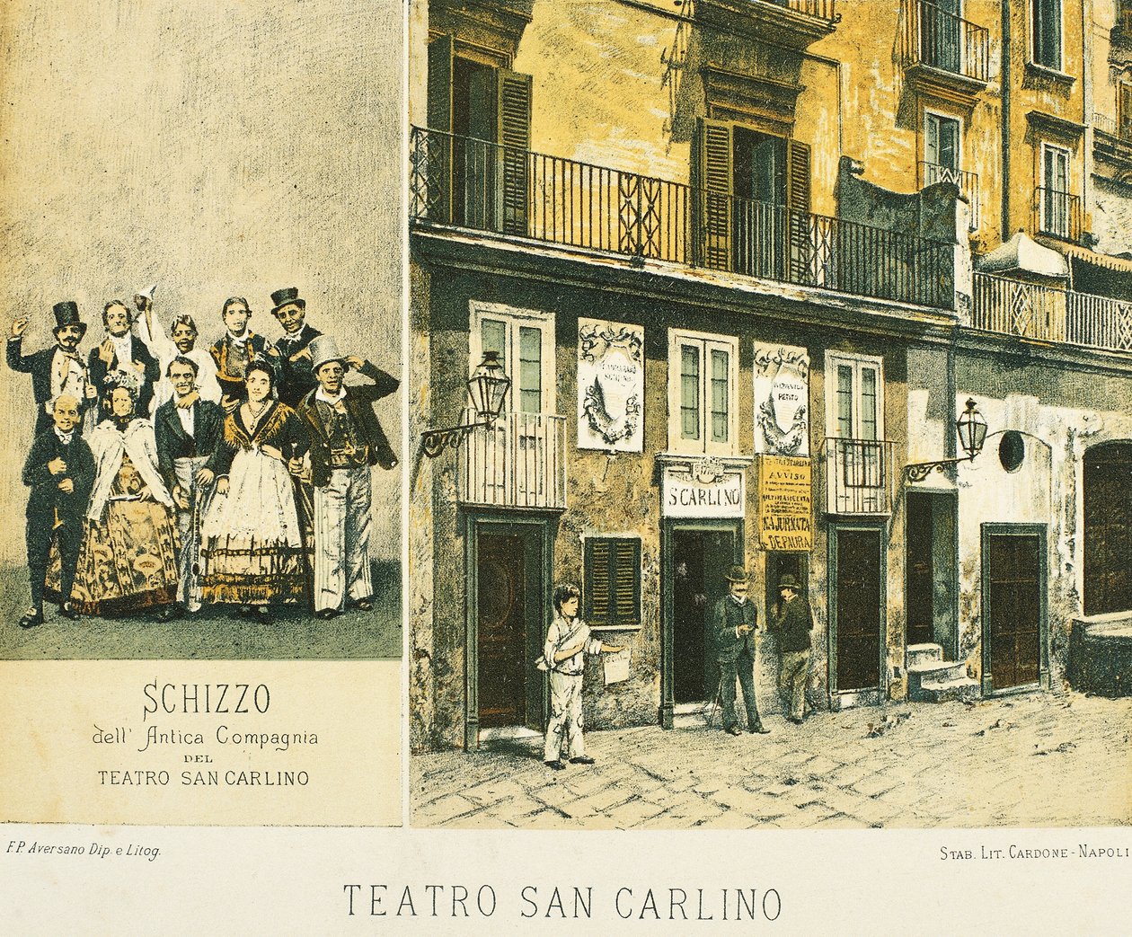 Udsigt over Royal Theatre of Saint Charles i Napoli, af Francesco Aversano, litografi taget fra Napoli i oldtiden, af Raffaele d