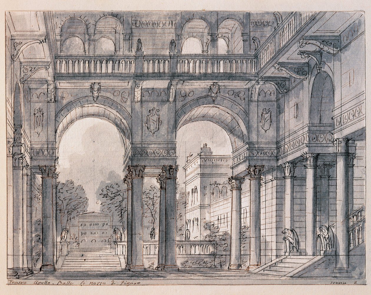 Scenografi til anden scene af "" Les noces de Figaro (Figaros ægteskab) af Wolfang Amadeus Mozart (1756-1791) instrueret af scenografen Francesco Bagnara (1784-1866) 1820-1839 Venedig Museo Correr af Francesco Bagnara