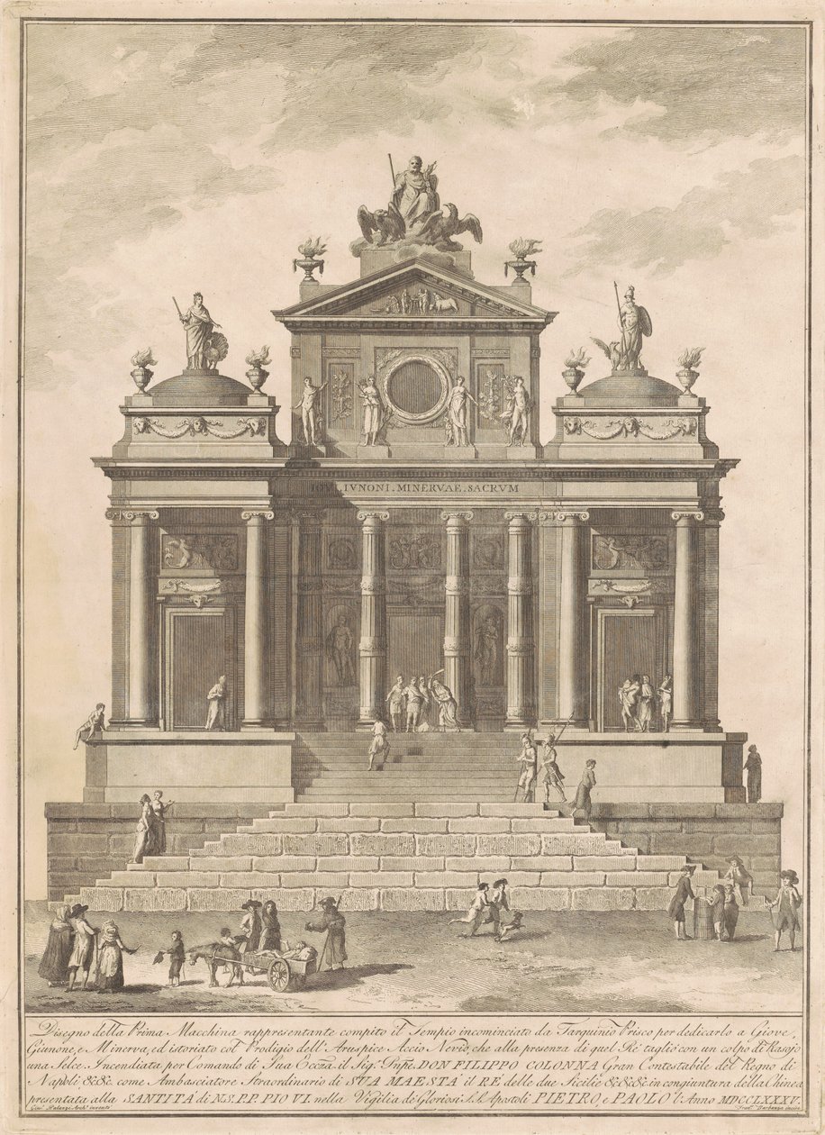 Prima Macchina for Kina fra 1785: Jupiters tempel påbegyndt af Tarquinius Priscus med vidunderet af Accius Naevius af Francesco Barbazza, after Giuseppe Palazzi