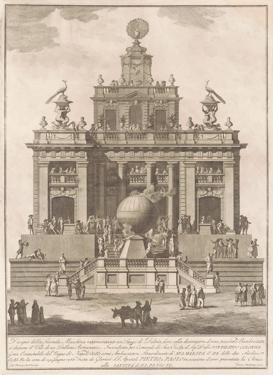 Seconda Macchina for Kina fra 1785: Et lystpalads med en luftballon af Francesco Barbazza, after Giuseppe Palazzi