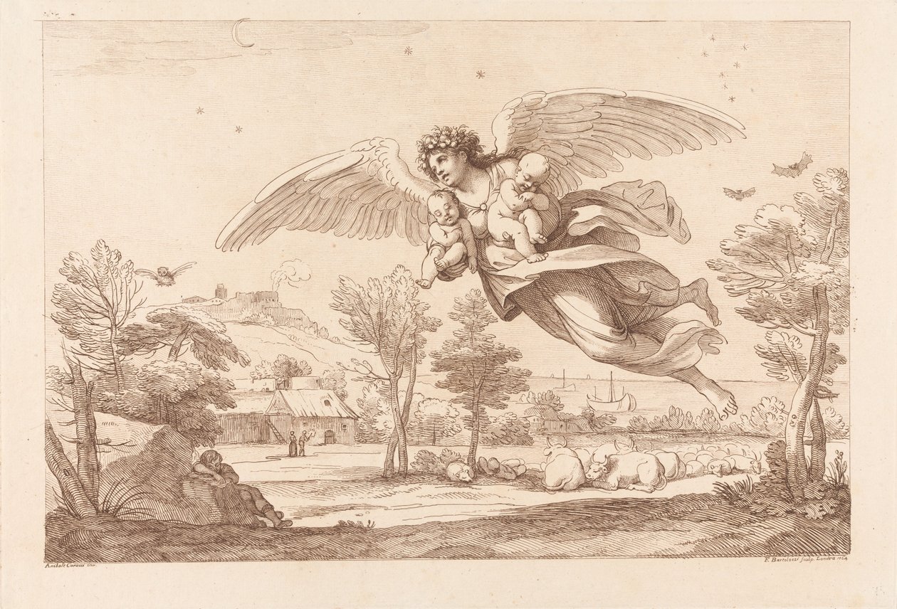 En engel, der bærer to babyer og flyver hen over sovende kvæg af Francesco Bartolozzi