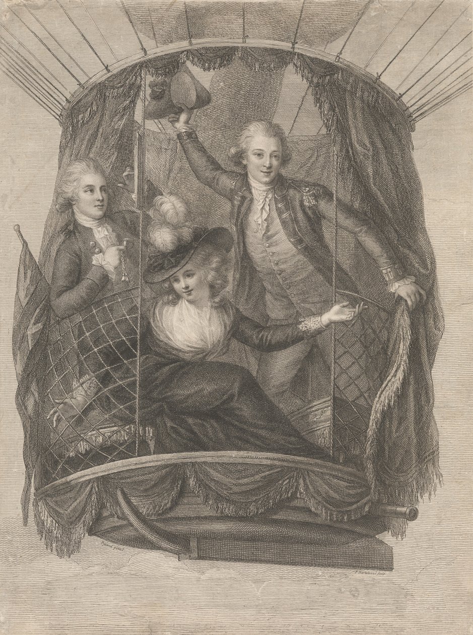 Ascension af Madame Sage, Chevalier Biggin og kaptajn Vincent Lunardi i en ballon, 20. juni 1785 af Francesco Bartolozzi