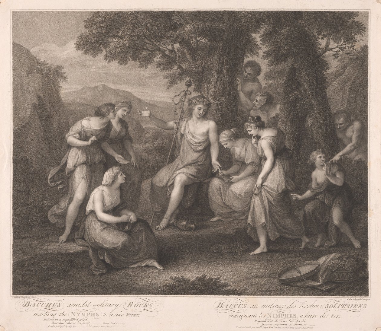 Bacchus blandt ensomme klipper lærer nymferne at digte vers af Francesco Bartolozzi