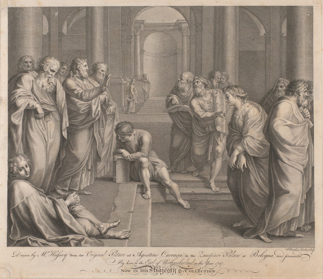 Kristus velsigner en ægteskabsbryderske med bundne håndled i et tempel af Francesco Bartolozzi