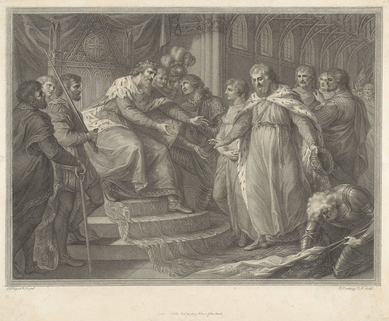 Edward, prins af Wales, fremstiller den tilfangetagne franske konge Johan og hans sønner for sin far Edward 3. efter slaget ved Poitiers af Francesco Bartolozzi
