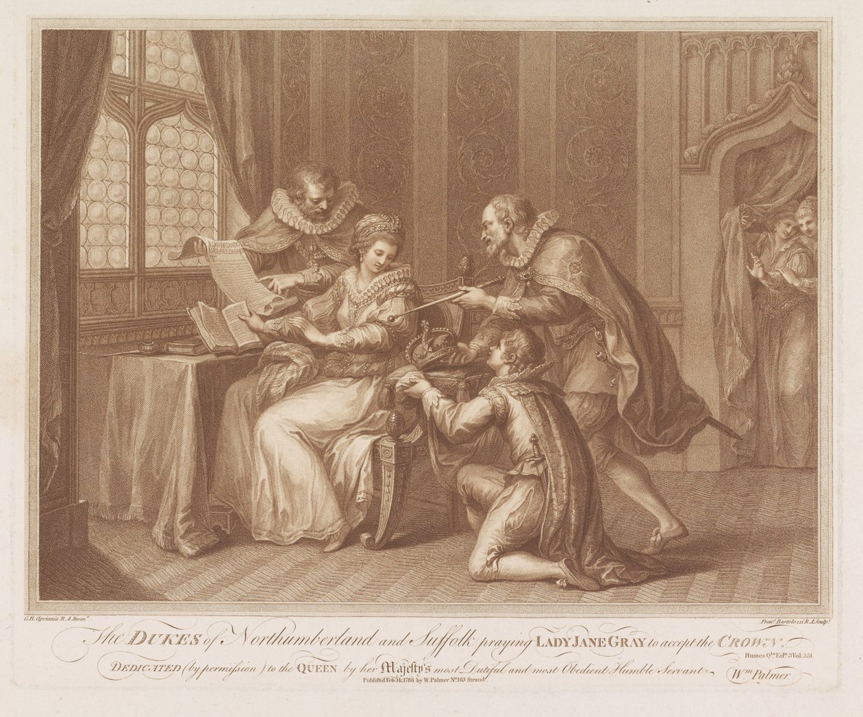 Dukes of Northumberland og Suffolk beder Lady Jane Gray om at tage imod kronen Hertugerne af Northumberland og Suffolk beder Lady Jane Gray om at acceptere kronen (titel på objektet) af Francesco Bartolozzi