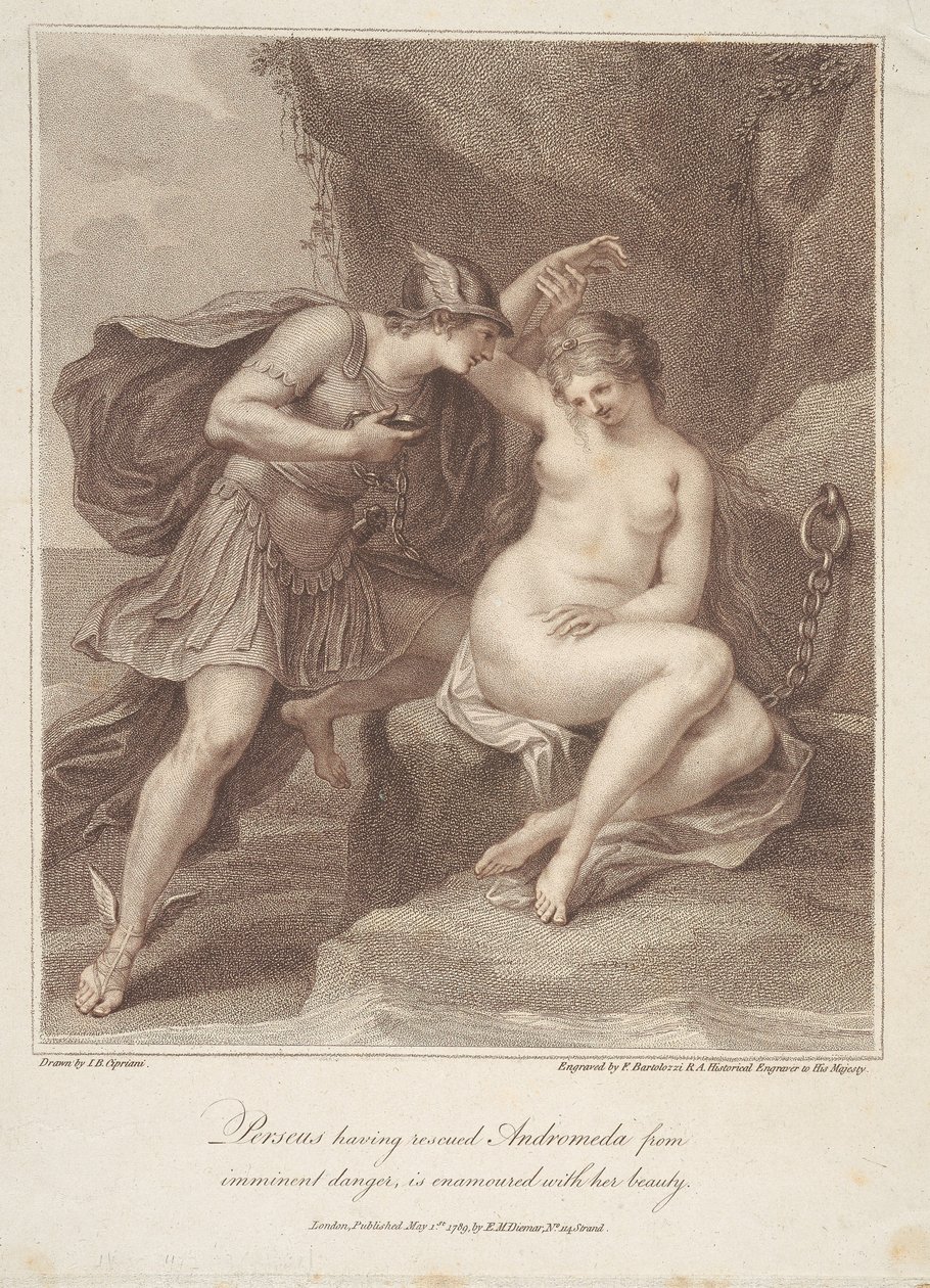 Perseus, som har reddet Andromeda fra overhængende fare, forelsker sig i hendes skønhed af Francesco Bartolozzi