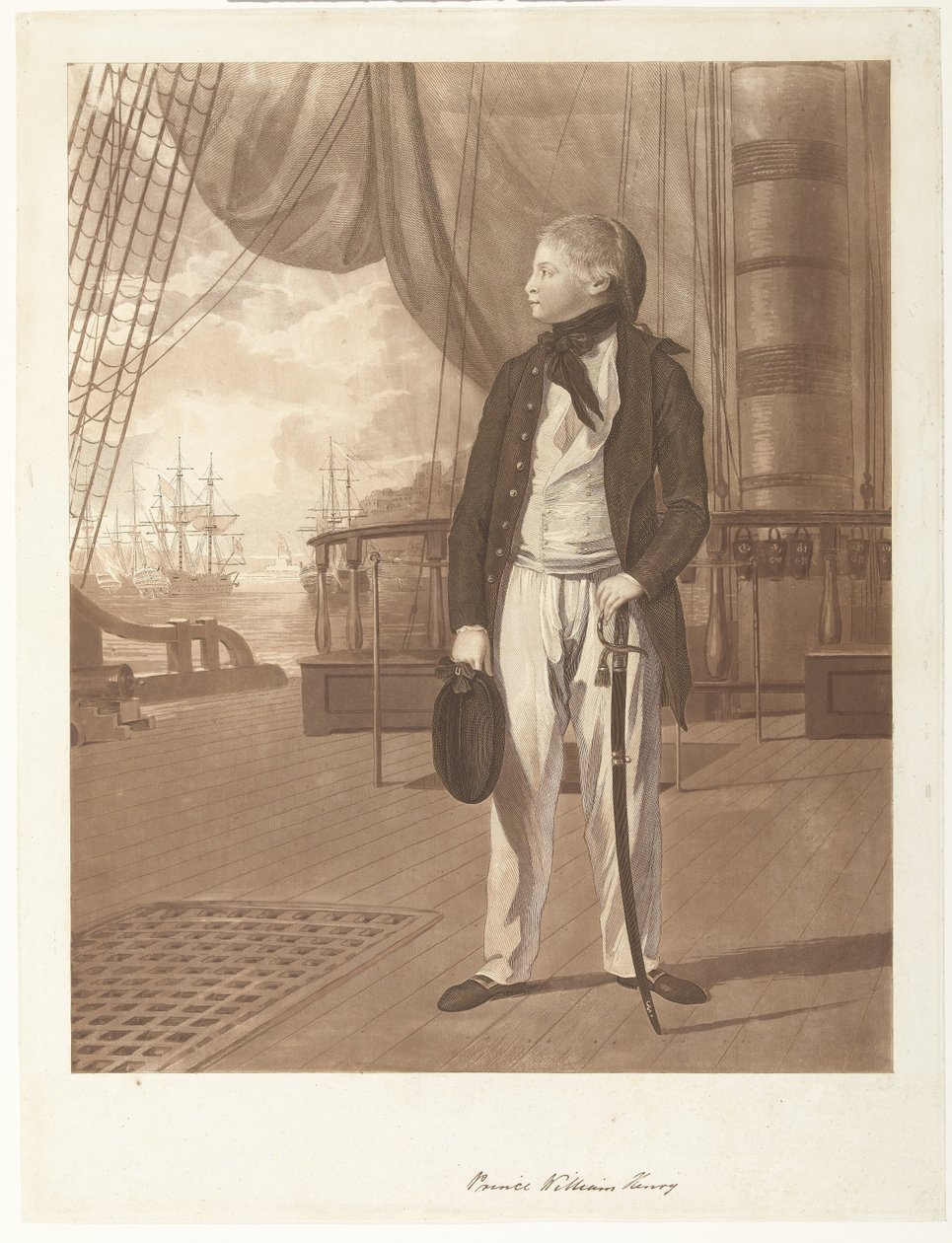 Portræt af prins William Henry ombord på et krigsskib fra den britiske kongelige flåde. af Francesco Bartolozzi