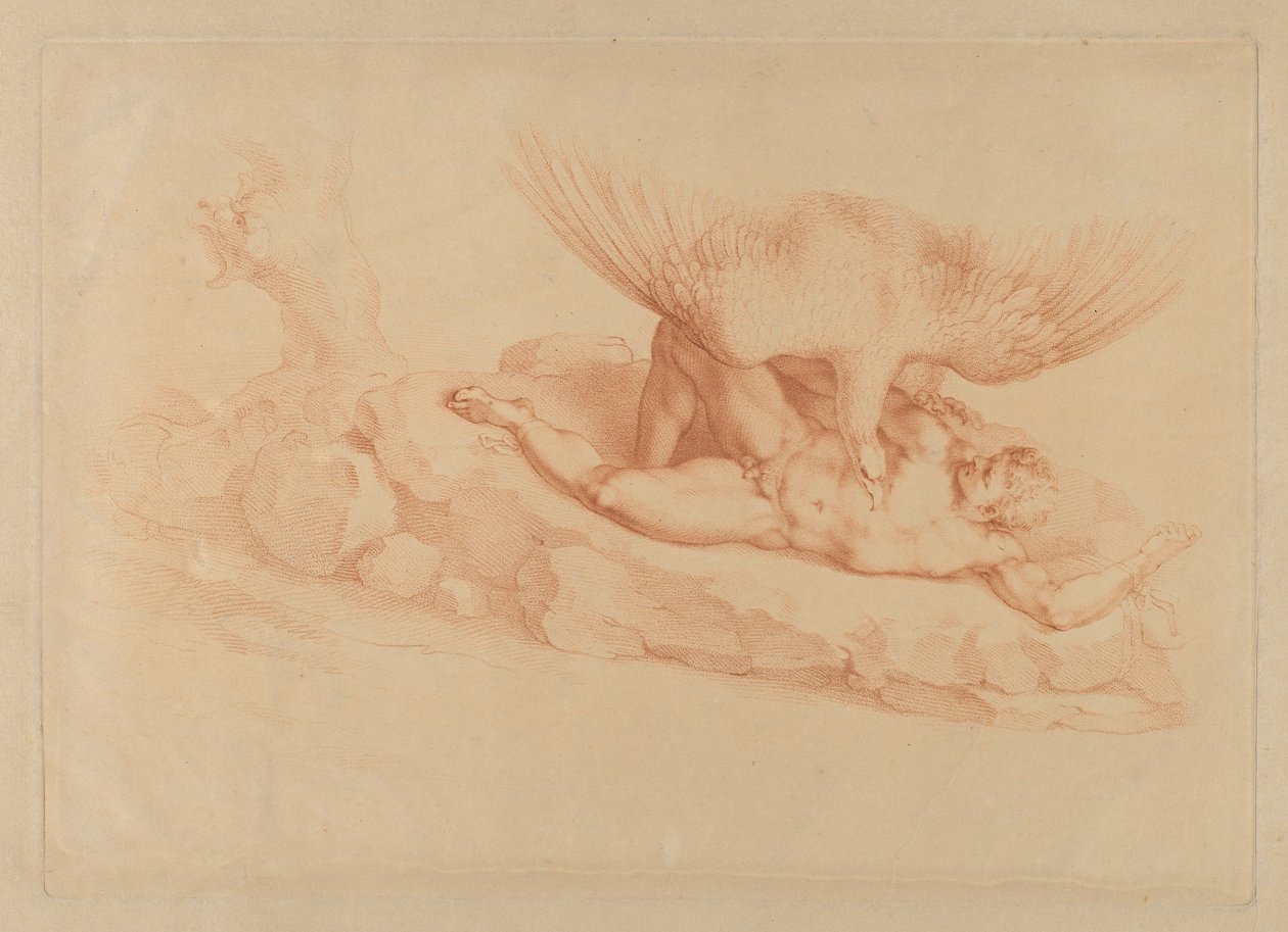 Prometheus, nøgen, lænket til en klippe, ser op på en ørn, der står over ham, 1795. af Francesco Bartolozzi