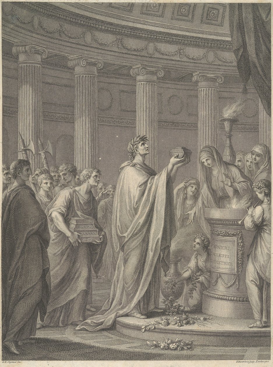 Den romerske general Julius Cæsar indvier Venus Genetrix-templet på Cæsars Forum i Rom, 46 f.Kr. af Francesco Bartolozzi