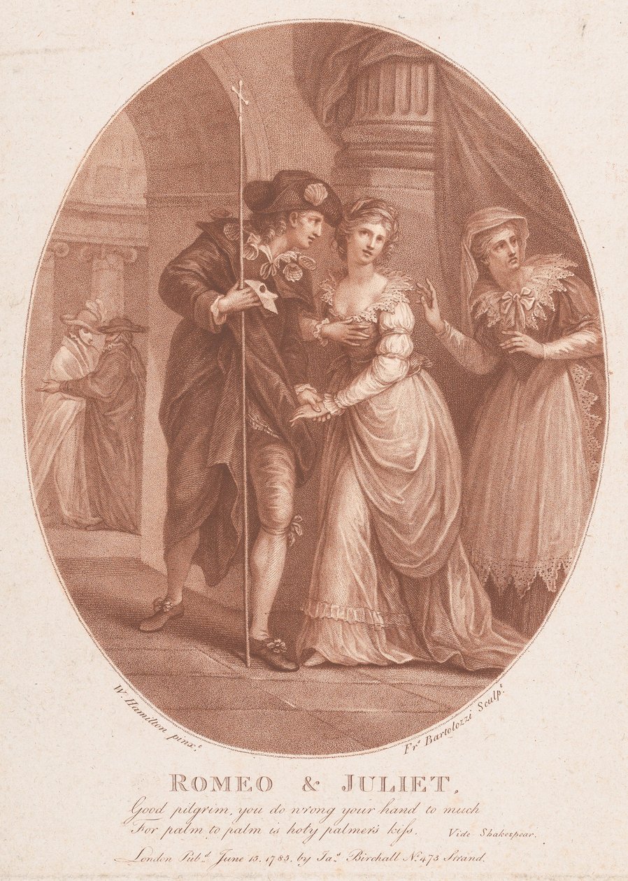 Romeo og Julie ved maskeraden Shakespeare, Romeo og Julie, 1. akt, scene 5..., 15. juni 1785. af Francesco Bartolozzi