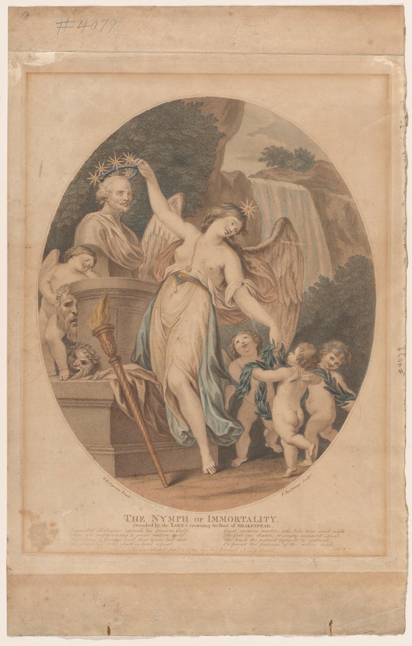 Udødelighedens nymfe, overværet af kærlighederne, kroner Shakespeares buste..., september 1784. af Francesco Bartolozzi