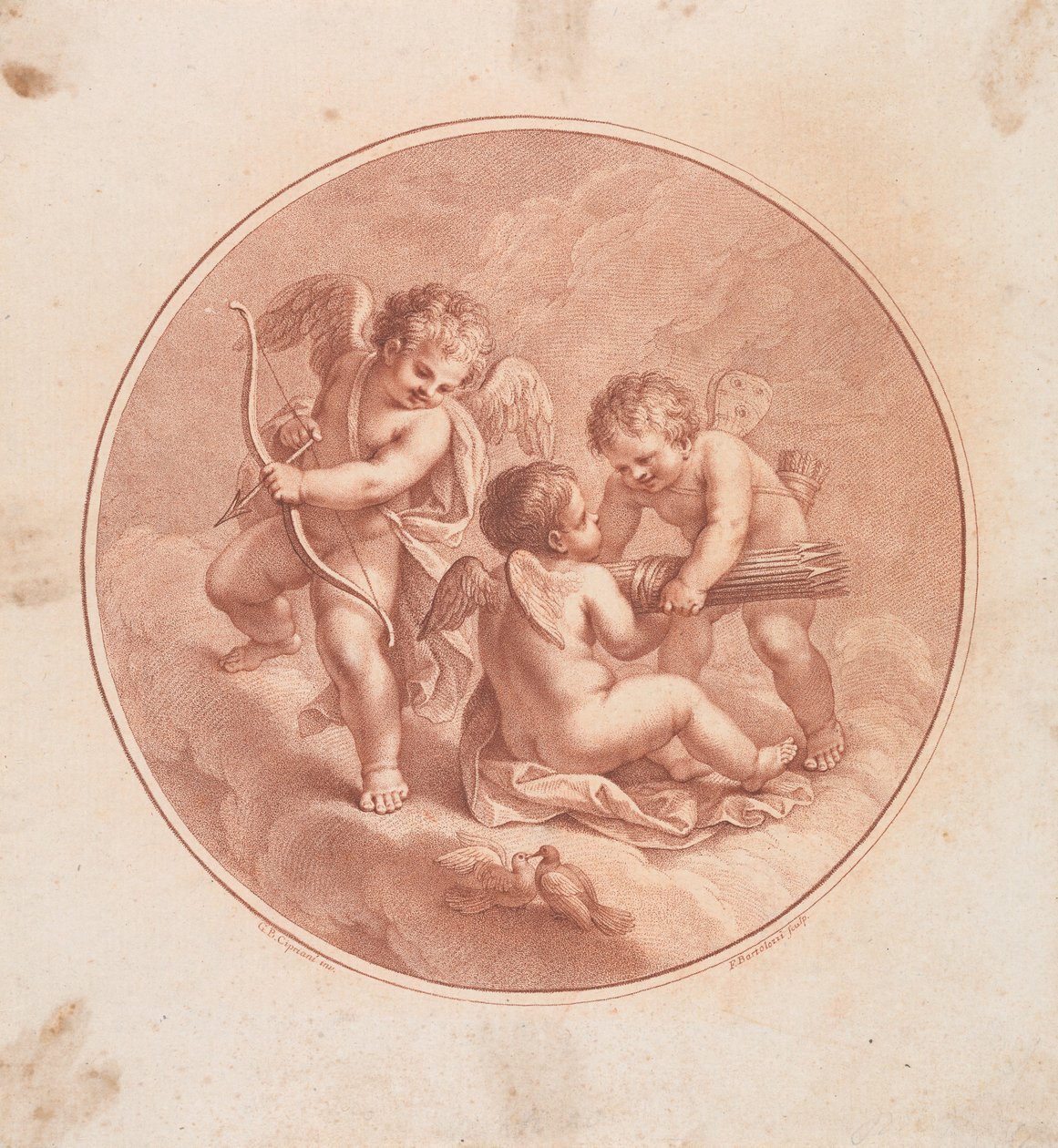Drei Cupidos mit Bögen und Pfeilen und zwei Tauben af Francesco Bartolozzi
