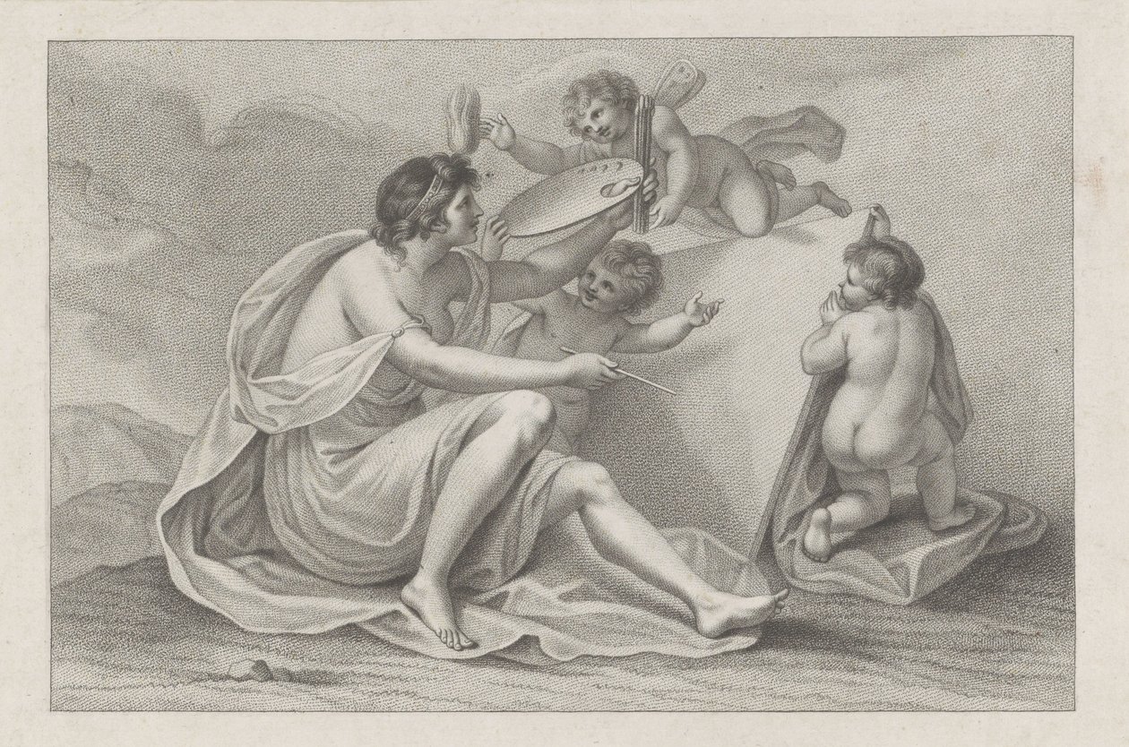 Titeltryk med personificering af maleri Ciprianis principper for tegning (serietitel) Ciprianis rudiments of drawing (serietitel) af Francesco Bartolozzi