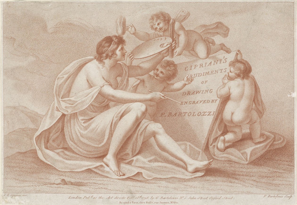 Titeltryk med personificering af maleri Ciprianis principper for tegning (serietitel) Ciprianis rudiments of drawing (serietitel) af Francesco Bartolozzi