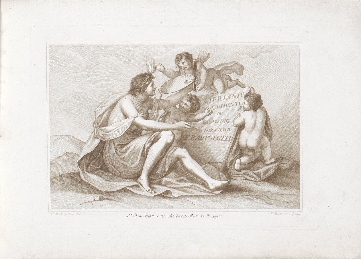 Titeltryk med personificering af maleri Ciprianis principper for tegning (serietitel) Ciprianis rudiments of drawing (serietitel på objekt) af Francesco Bartolozzi