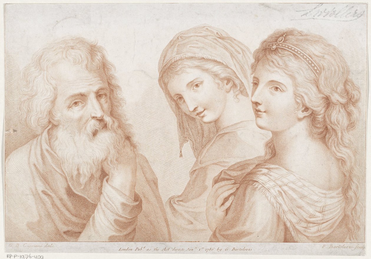 To unge kvinder og en gammel mand Ciprianis principper for tegning (serietitel) Ciprianis rudiments of drawing (serietitel) af Francesco Bartolozzi